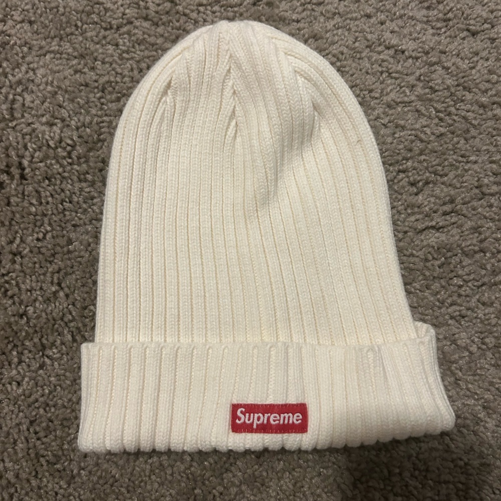 Supreme Cream Ribbed Beanie with Red Logo Patch